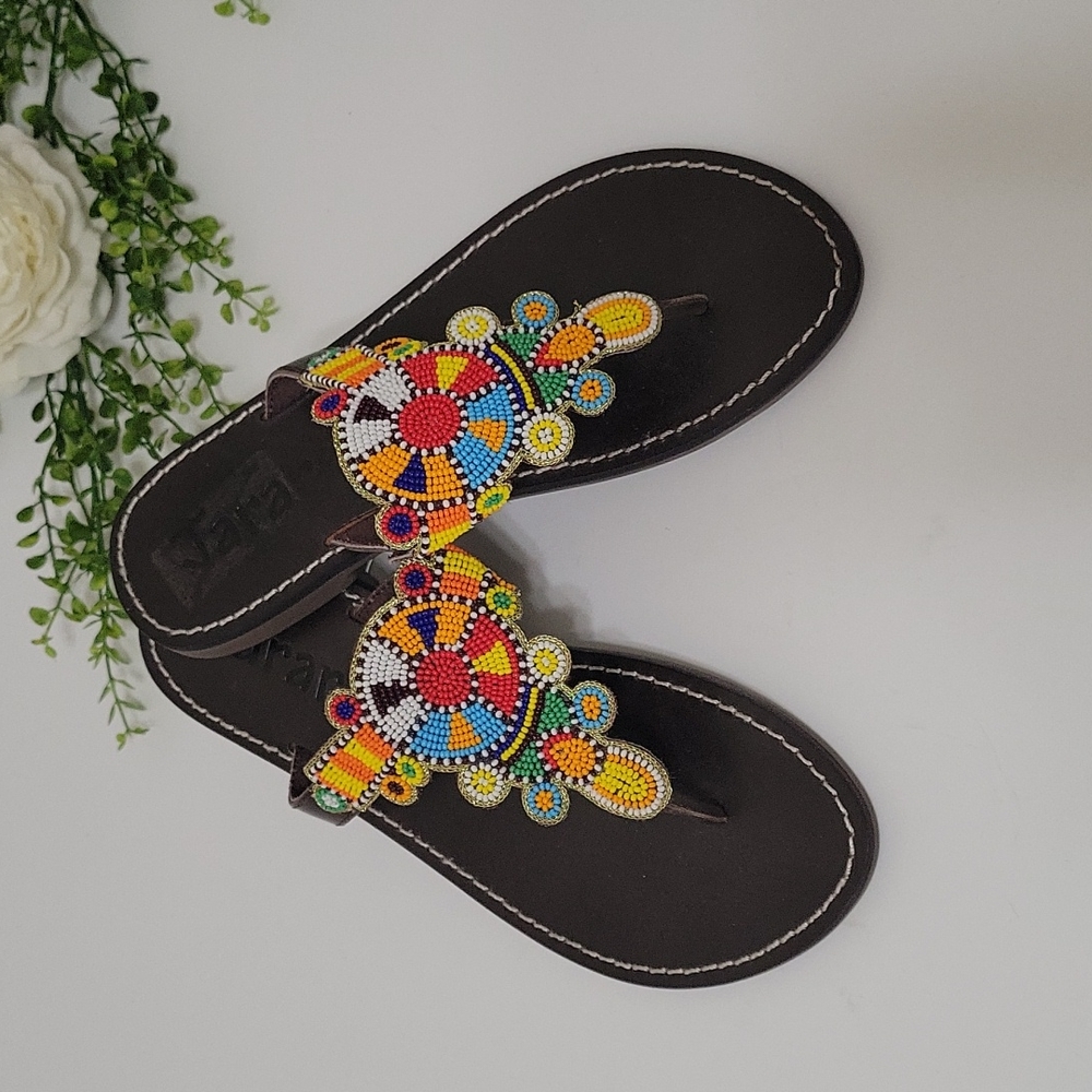 Jararè leather Malindi slip-on thong sandals with multicolor beads size 37 (6.5) - Picture 2 of 10